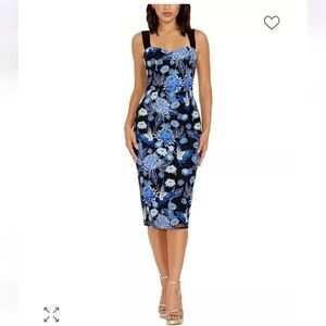 Dress the Population Blue and Black Floral Midi Dress